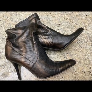 Ankle boots.  Good condition. Light wear on heels. Brown/black w/copper finish.